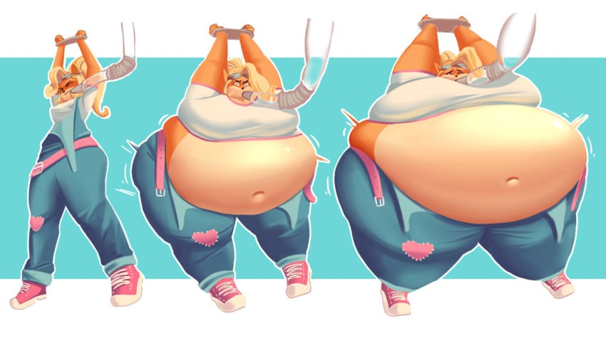 activision anthro belly clothing coco_bandicoot crash_(series) ekusupanshon female inflation jiggling morbidly_obese obese overalls overweight restraints solo thick_thighs video_games weight_gain