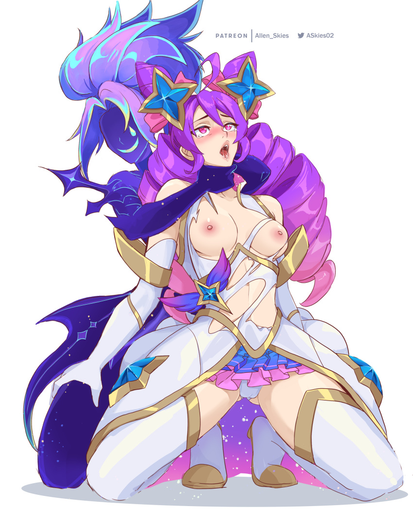 2girls akali allen_skies02 cameltoe choking drill_hair female female_only gwen_(league_of_legends) league_of_legends long_hair multiple_girls open_mouth panties purple_eyes purple_hair star_guardian_akali star_guardian_gwen star_guardian_series tears thick_thighs torn_clothes twintails yuri