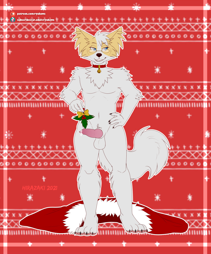 2021 absurd_res anthro bell_accessory canid canine canis christmas christmas_clothing clothing collar domestic_dog eyewear glasses hi_res holidays knot long_tail male mammal mistletoe papillon plant ryukawa smug solo toy_dog