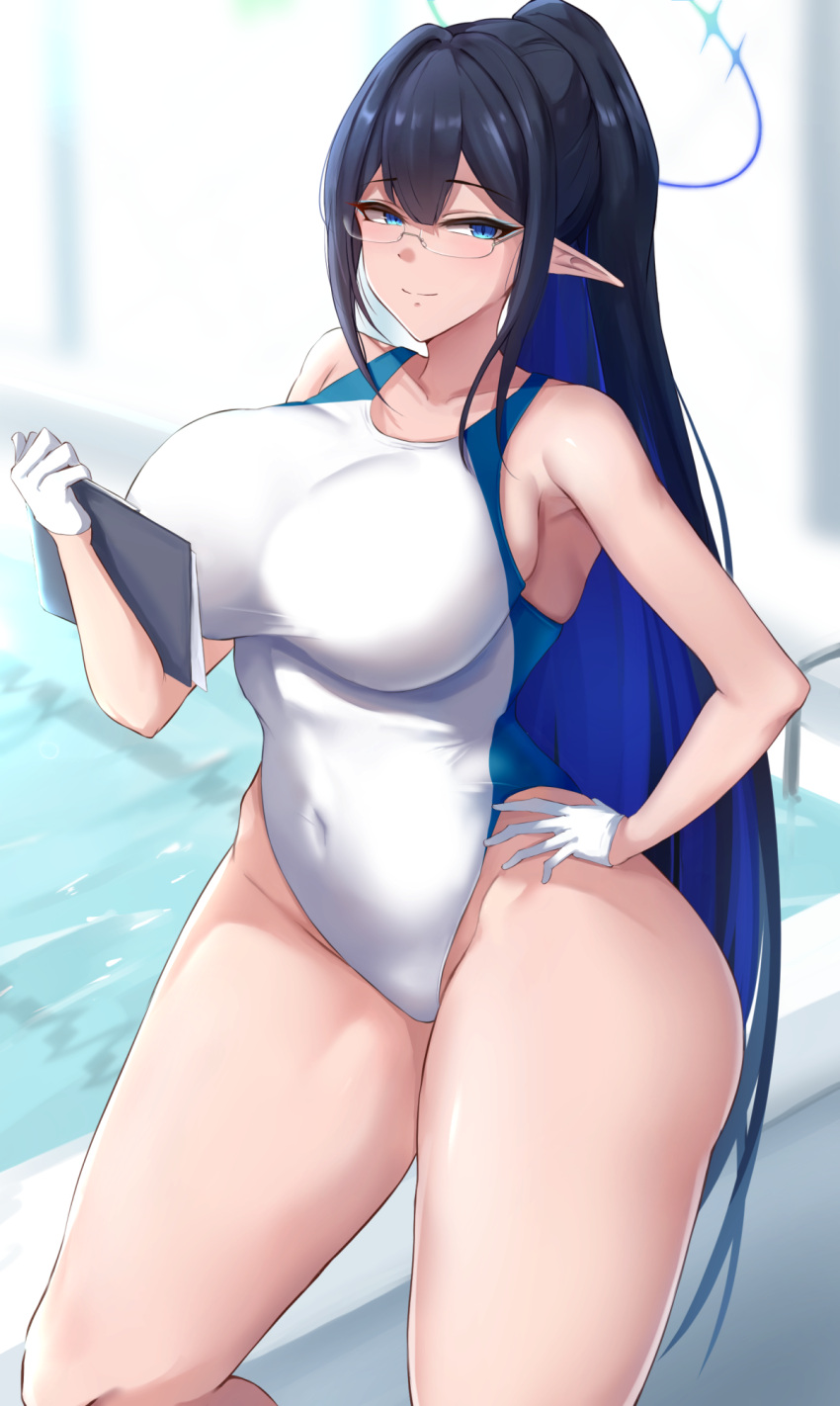 1girls big_breasts blue_archive blue_eyes breasts busty curvaceous curvy curvy_body curvy_female curvy_figure elf_ears female female_focus female_only general_student_council_(blue_archive) glasses gloves huge_breasts large_breasts looking_at_viewer pointy_ears rin_(blue_archive) smile smiling smiling_at_viewer solo solo_female solo_focus swimsuit thick_thighs thighs tyamurai33 voluptuous