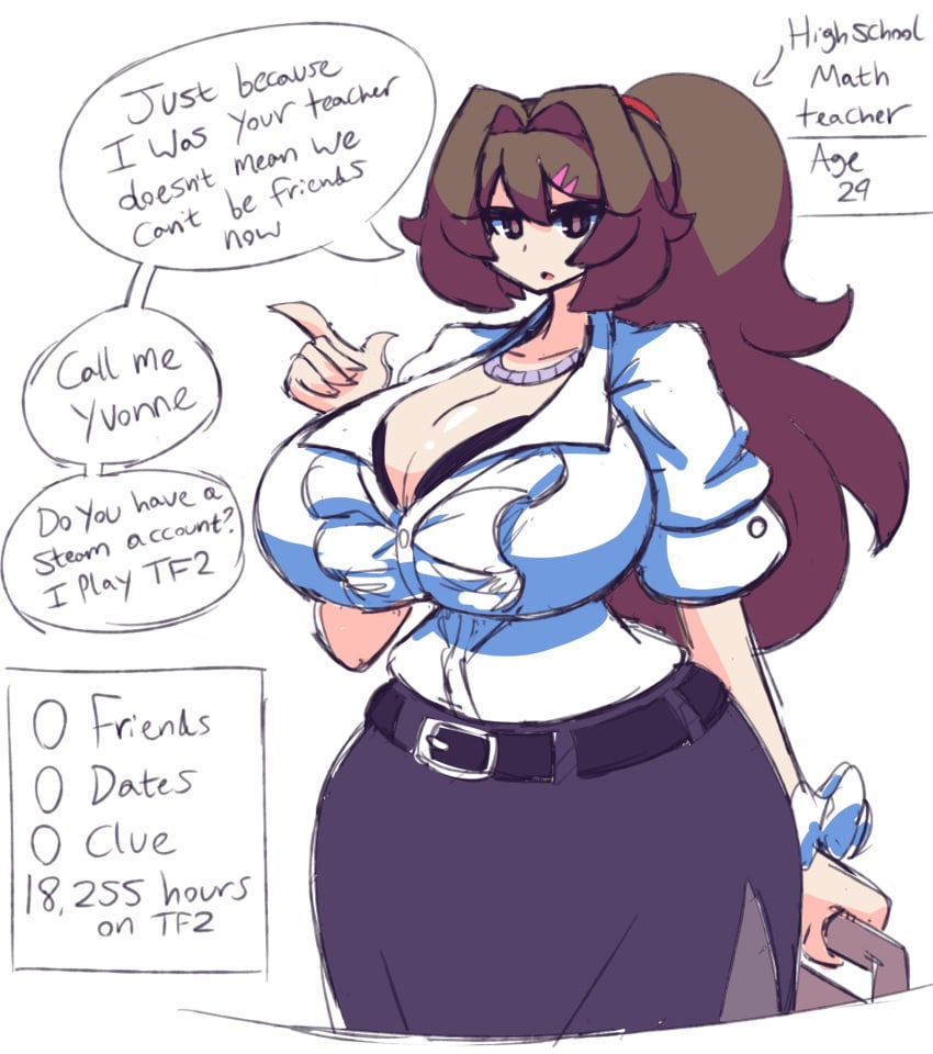 2022 big_breasts brown_eyes brown_hair cleavage funny gensin hourglass_figure huge_breasts humor meme original original_character tagme teacher thick