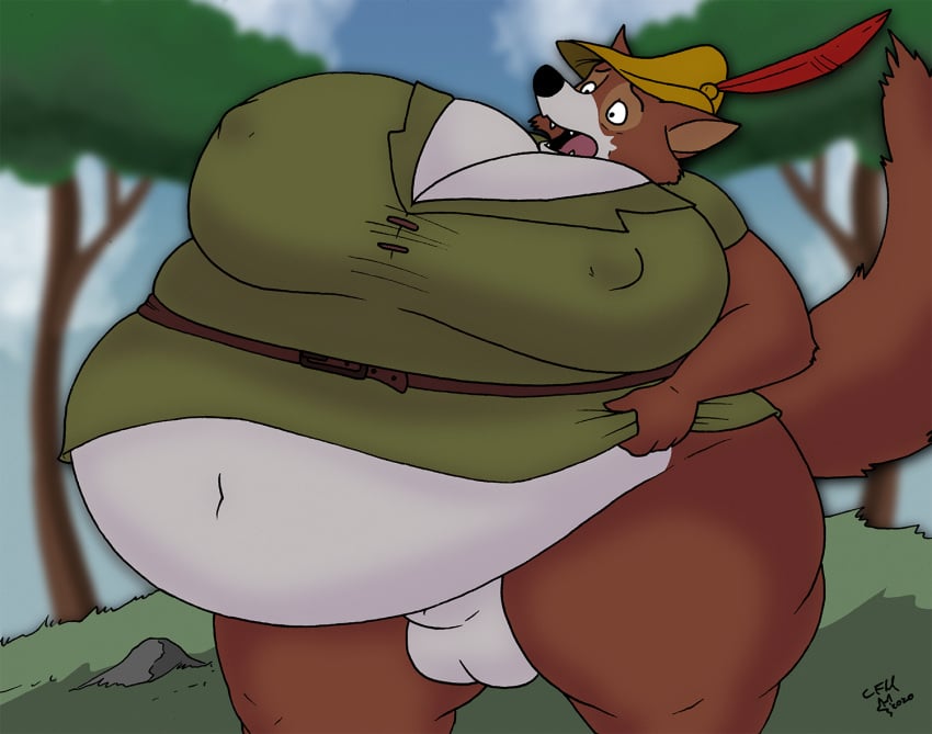 2020 animal_genitalia anthro ass balls belly belly_expansion big_belly big_breasts big_butt big_moobs black_nose bottomless bottomless_anthro bottomless_male breast_expansion breasts brown_body brown_fur canid canine cleverfoxman clothed clothing countershading expansion exposed_belly fox fur genitals green_tunic hat hat_feather headgear headwear loose_feather male male_only mammal moobs nipple_outline open_mouth outside pink_tongue plant robin_hood sheath sky solo standing thick_thighs tongue tree white_balls wide_eyed yellow_clothing yellow_hat yellow_headwear