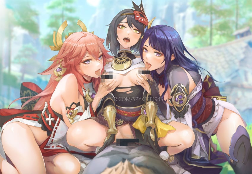 3girls bare_shoulders bisexual black_gloves black_hair blur_censor breast_grab breasts breasts_out censored cowgirl_position elbow_gloves genshin_impact gloves grabbing group_sex hair_ornament highres kujou_sara licking licking_breast long_glove long_gloves looking_at_viewer multiple_girls no_panties open_mouth orgy pink_hair pubic_hair purple_hair purple_thighhighs pussy raiden_shogun riding sex side_slit spread_legs spykeee straddling straight thick_thighs thighhighs thighs tongue tongue_out torn_clothes yae_miko yellow_eyes yuri