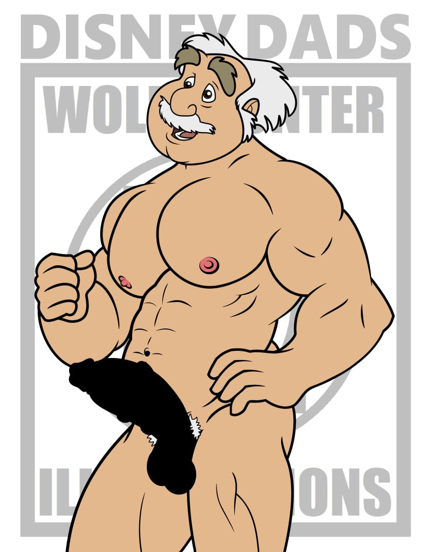 1boy 1male abs balls_outline beard beauty_and_the_beast big_penis black_hair brown_eyes cartoony censored_penis dark-skinned_male disney erection facial_hair male male_nipples male_only male_pubic_hair masculine mature_male maurice_(beauty_and_the_beast) muscles muscular_male pecs penis smile smiling smooth_skinned_male solo veiny_penis white_background white_streak wolffhunter_art yaoi