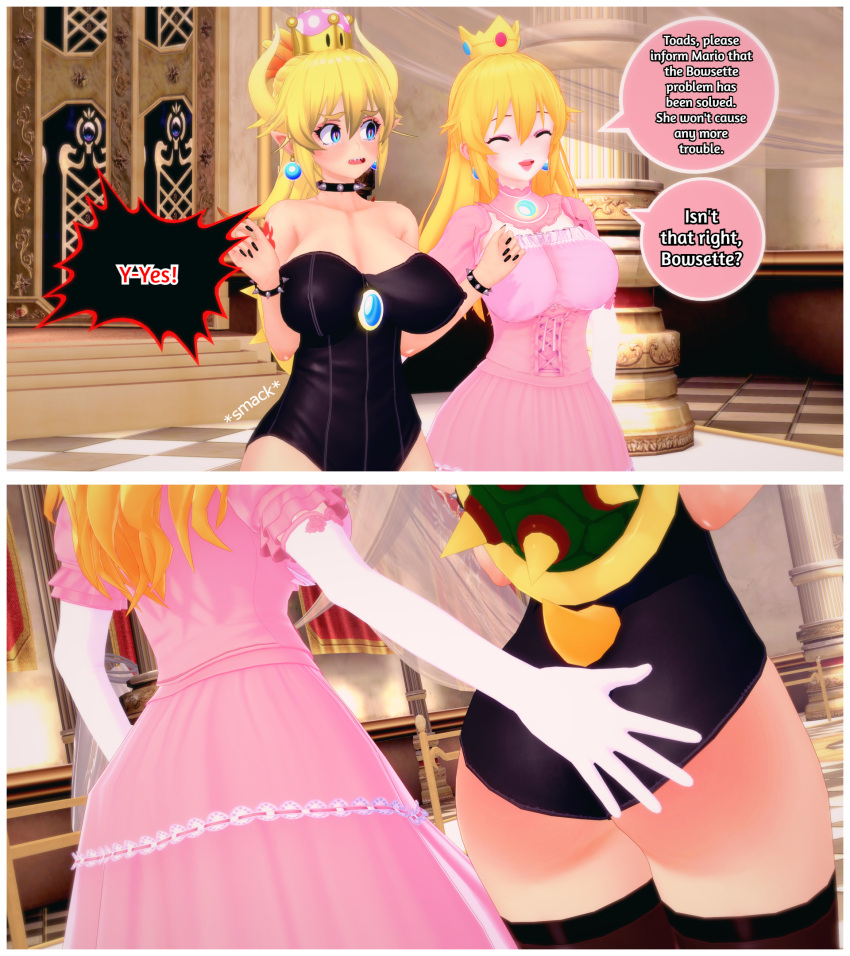 2girls 3d ass bowsette clothed female female_only fully_clothed knockwolf koikatsu mario_(series) new_super_mario_bros._u_deluxe offscreen_character princess_peach red_ass spanking super_mario_bros. tears yuri