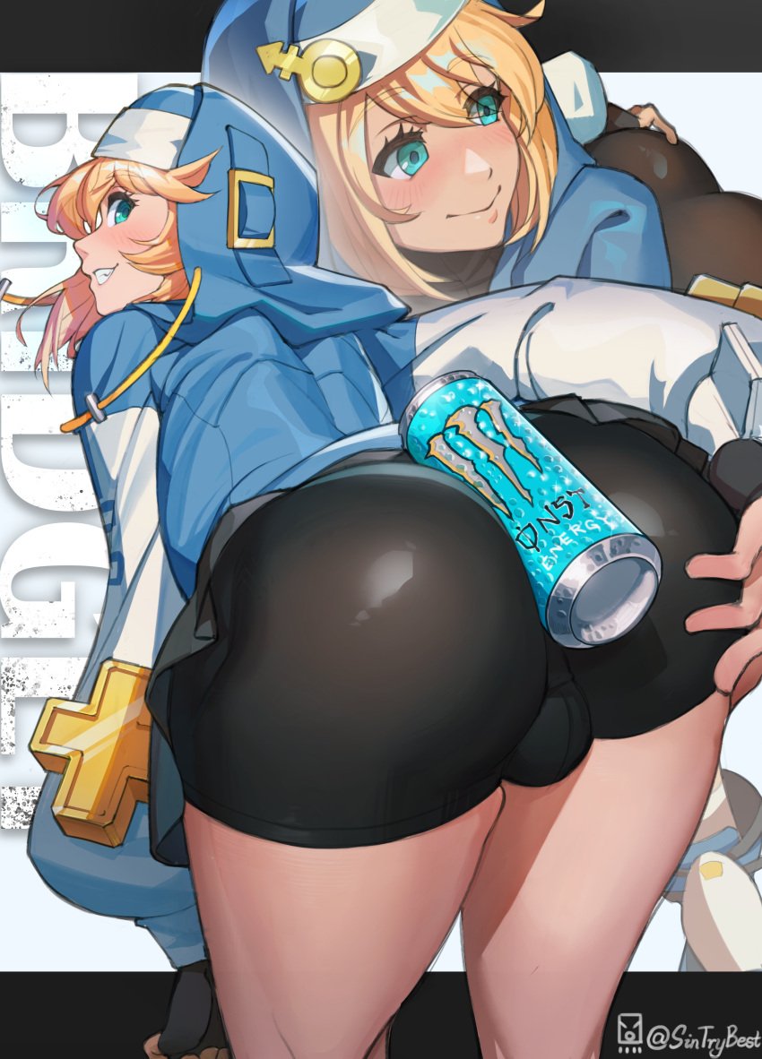 1boy 1femboy ass backsack ball_bulge balls big_ass big_butt blonde_hair blue_eyes blush bridget bulge can compression_shorts femboy fully_clothed girly grabbing_own_ass guilty_gear guilty_gear_strive hoodie male monster_energy monster_energy_can shorts sintrybest_(artist) smile solo solo_male spandex_shorts thick_thighs thighs touching_ass