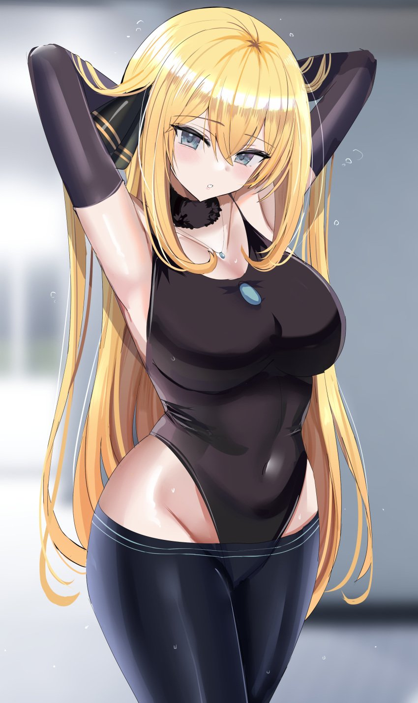 1girls 2022 armpits arms_behind_head arms_up big_breasts blonde_hair blush breasts busty child_bearing_hips clothed clothed_female cynthia_(pokemon) female female_only hair_ornament hanasaka_houcha hips huge_breasts large_breasts long_hair looking_at_viewer nintendo pokemon pokemon_dppt posing sensual silver_eyes slim_waist solo thick_thighs thighs voluptuous wide_hips