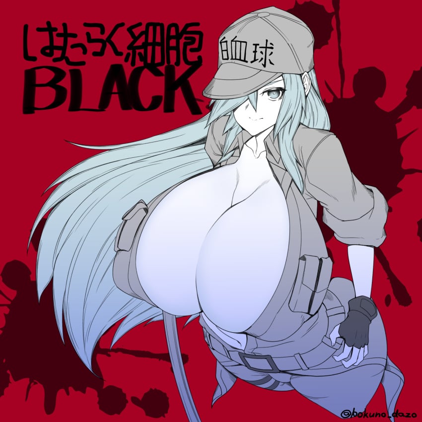 bokuno cap cells_at_work_code_black cleavage curvy female gigantic_breasts hair_over_one_eye hataraku_saibou huge_breasts katana long_hair looking_at_viewer looking_up pants smiling standing thick_thighs u-1196 white_skin