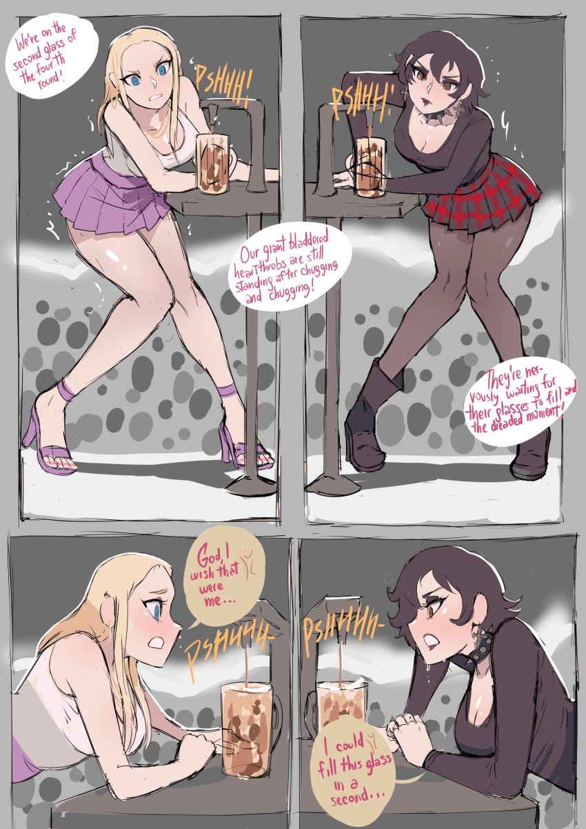 2girls 4koma alcohol barbara_(biku) big_breasts biku black_boots black_footwear black_hair black_heels black_pantyhose black_shirt blonde_hair blue_eyes boots breasts brown_hair cleavage collar contest deborah_(biku) desperate desperation drink earrings english_text have_to_pee heels hoop_earrings jewelry large_breasts lipstick long_hair long_sleeves necklace need_to_pee open_toe_footwear open_toe_shoes original pantyhose pink_nail_polish pink_nails plaid plaid_skirt purple_footwear purple_heels purple_skirt shiny_skin shirt shivering short_hair skirt speech_bubble spiked_collar sweat tank_top text text_bubble trembling white_shirt white_tank_top