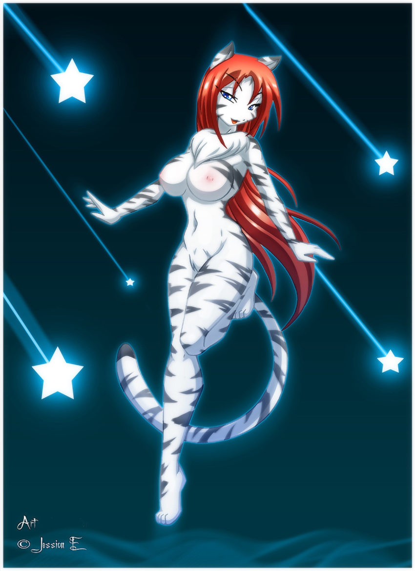 anthro badly_resized blue_eyes breasts chest_tuft feline female fur furry hair jessica_elwood long_hair looking_at_viewer matypup nipples nude purple_eyes red_hair shooting_star solo stars stripes tail tiger white_fur white_tiger