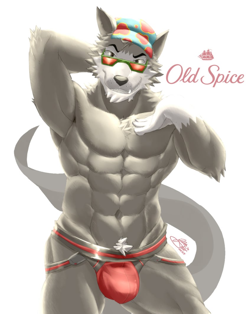 abs anthro biceps bulge canine close-up clothing english_text eyewear fur glasses grey_eyes hat headgear jockstrap looking_at_viewer male male_only mammal manly mostly_nude muscular navel old_spice pecs raised_arm sharp_teeth smile soliscanis solo standing teeth text underwear wolf wolfthorn_(old_spice)