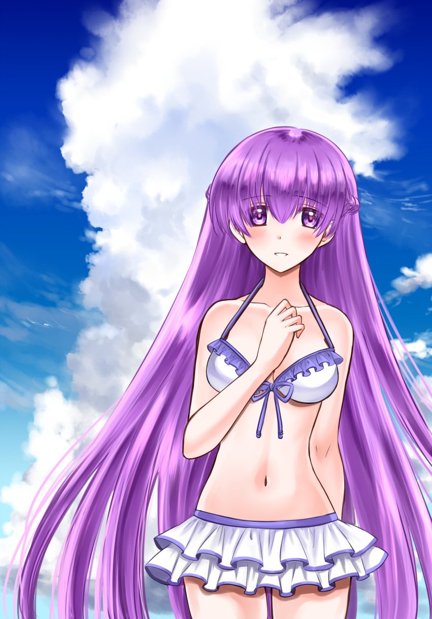 1girls 74 7774 absurdly_long_hair alternate_costume bare_midriff bare_shoulders bikini bikini_skirt blush breasts cleavage cloud cloudy_sky collarbone commission day fire_emblem fire_emblem:_the_binding_blade frilled_bikini frilled_swimsuit frills front-tie_top grin highres long_hair looking_at_viewer medium_breasts midriff navel nintendo purple_eyes purple_hair sky smile solo sophia_(fire_emblem) swimsuit very_long_hair white_bikini white_swimsuit