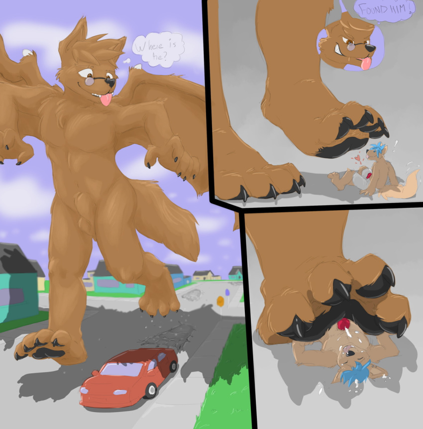 anthro balls blue_hair brown canine car cum footjob fur furry furry_only gay geemo glasses hair macro male no_humans penis sheath size_difference tail