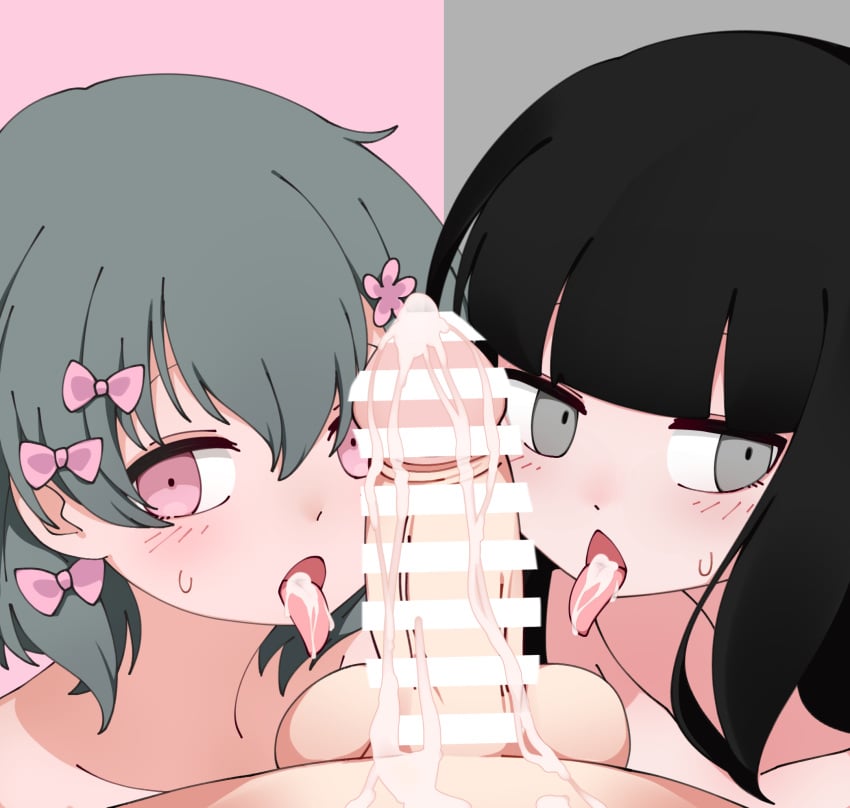 1boy 2girls balls bar_censor black_hair blunt_bangs blush bow censored closed_mouth collarbone completely_nude crossover cum cum_in_mouth female flower green_hair grey_eyes hair_between_eyes hair_flower hair_ornament hairbow highres inabakumori iyowa_girls kurari-chan_(iyowa) kyu-kurarin_(cevio) long_hair looking_at_viewer male multiple_girls multiple_hair_bows mv_character nazunobasho nude open_mouth osage-chan penis pink_bow pink_eyes pink_flower pov short_hair sidelocks split_theme straight sweat testicles tongue tongue_out variant_set veins veiny_penis