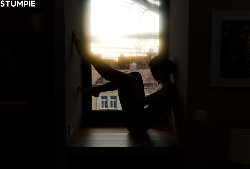 3d asian asian_female blue_eyes blue_eyes_female brown_hair brown_hair_female chell female medium_ass nude_female pale-skinned_female pale_skin ponytail ponytail_female portal_(series) portal_2 pose posing stumpie