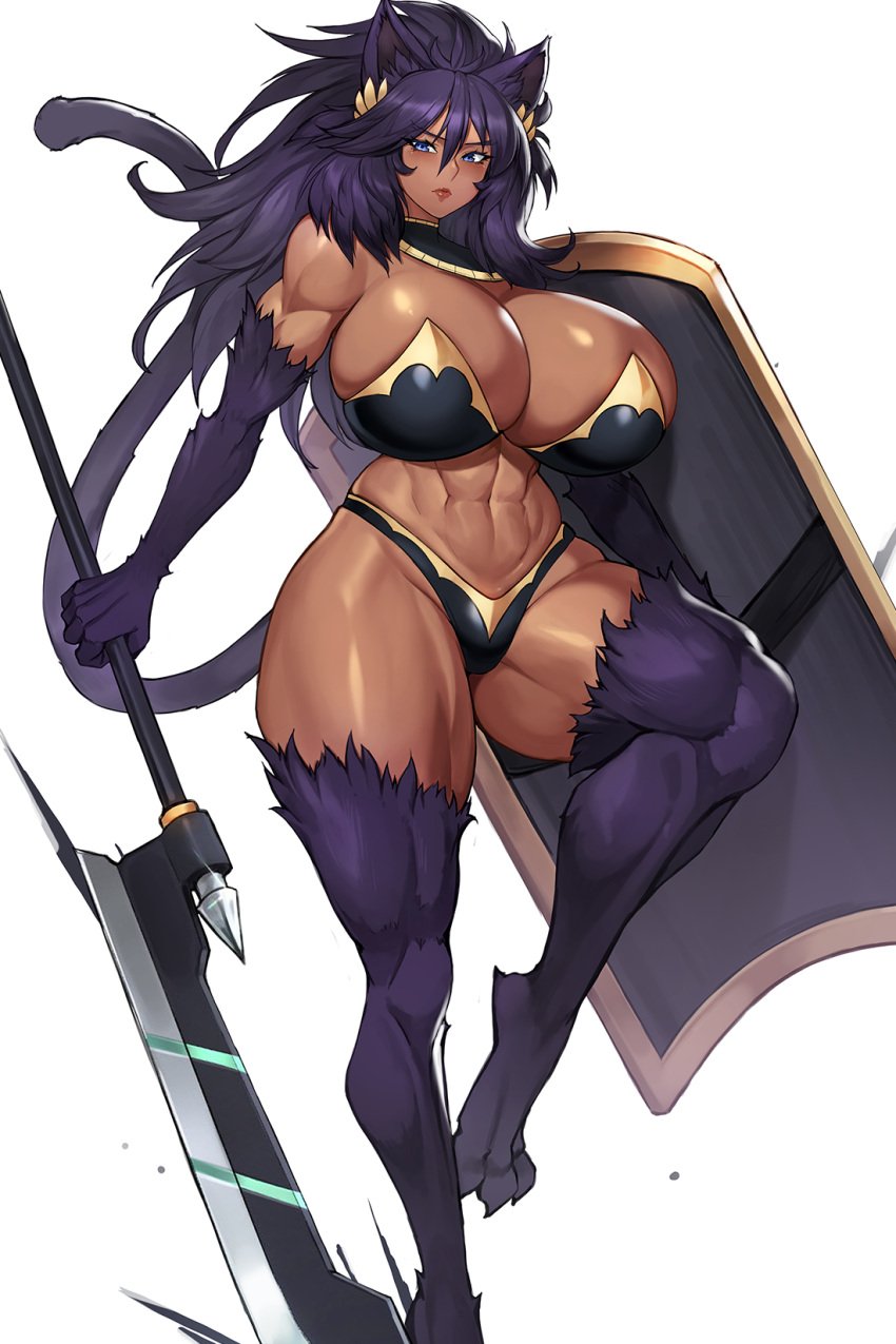 1girls 2024 3_toes arm_fur big_breasts blue_eyes cat_ears cat_humanoid cat_tail catgirl commission dark_purple_hair female female_only gurimjang hi_res huge_breasts leg_fur looking_at_viewer muscular muscular_female muscular_thighs purple_hair shield solo spear tail weapon white_background