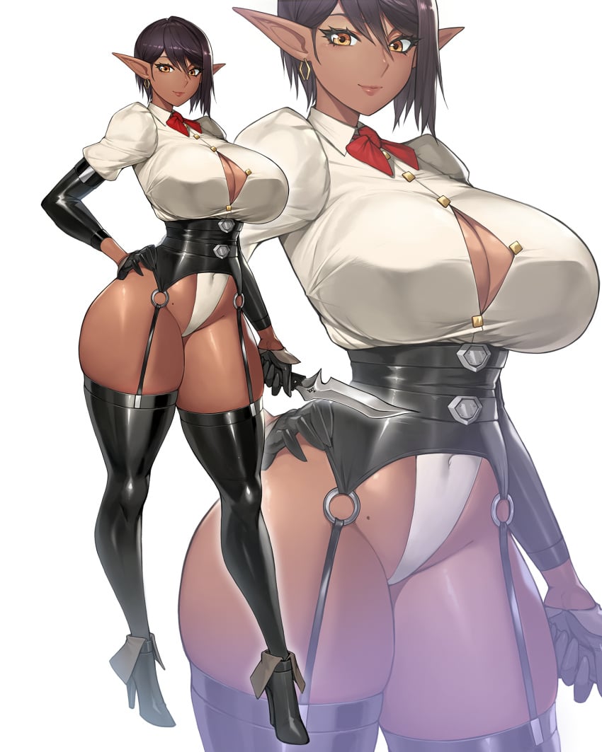 1girls 2024 amber_eyes big_breasts black_hair black_legwear boob_window dark-skinned_female dark_elf dark_skin elf elf_ears elf_female female female_only full_body garter_straps gloves gurimjang hand_on_hip heels hi_res huge_breasts knife legwear looking_at_viewer neck_ribbon o-ring short_hair smiling smiling_at_viewer solo thick_thighs tomboy white_background wide_hips