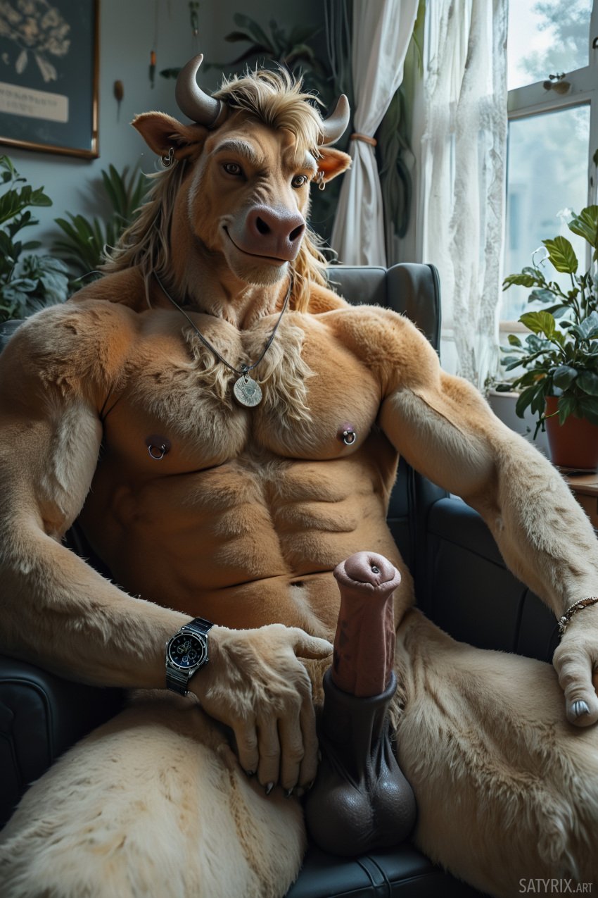 ai_generated anthro balls bovid bovid_humanoid bull erection furry horns horse_penis horsecock male minotaur penis piercing satyrix smiling smiling_at_viewer solo_male wristwatch