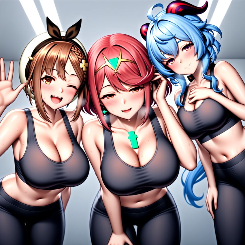 3girls ai_generated atelier_(series) atelier_ryza bent_over big_breasts black_sports_bra blush breath core_crystal crossover female from_below ganyu_(genshin_impact) genshin_impact gym gym_clothes gym_pants hair_tucking half-closed_eyes hand_on_own_chest hand_on_own_thigh harem highres knowing_look looking_at_viewer makoto11037 midriff nai_diffusion out_of_breath pov pyra pyra_(xenoblade) reisalin_stout sports_bra stable_diffusion stretched_clothing sweat waving xenoblade_(series) xenoblade_chronicles_2