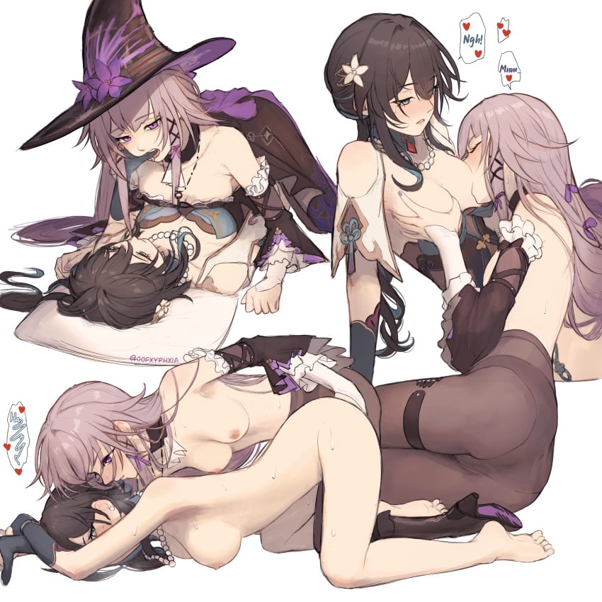 2girls absurdres ascot ass barefoot bead_necklace beads black_boots black_pantyhose black_sleeves blush boots breast_sucking breasts breath brown_hair closed_mouth commentary completely_nude cowgirl_position dress feet fingering flower flower_hairclip gloves grabbing_another&#039;s_breast green_dress green_eyes green_gloves grey_hair groping hair_ribbon hair_spread_out hat hat_flower herta_(honkai:_star_rail) high_heel_boots high_heels highres honkai:_star_rail honkai_(series) jewelry key key_necklace kneeling long_hair long_sleeves looking_at_another lying medium_breasts multiple_girls multiple_views necklace nipples nude on_back oofxyphxia panties panties_under_pantyhose pantyhose parted_lips pillow purple_eyes purple_flower purple_ribbon ribbon ruan_mei_(honkai:_star_rail) sweat the_herta_(honkai:_star_rail) thighs thumb_to_mouth toes top-down_bottom-up topless_female torn_clothes torn_pantyhose twitter_username underwear very_long_hair white_ascot witch_hat yuri