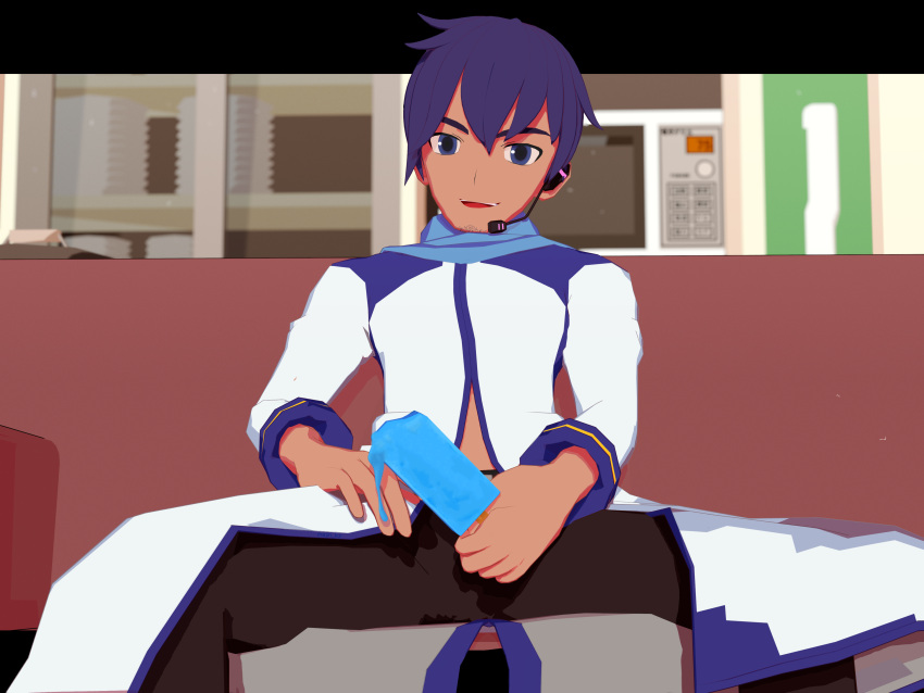 1boy 2022 3d 3d_(artwork) 3d_render alternate_skin_color blue_eyes blue_hair blue_scarf cel_shading clothed couch cum cum_through_clothes dark_skin dark_skinned_male kaito_(vocaloid) kaito_v1 majin_kz male male_only popcicle scarf sitting spread_legs vocaloid vocaloid_1