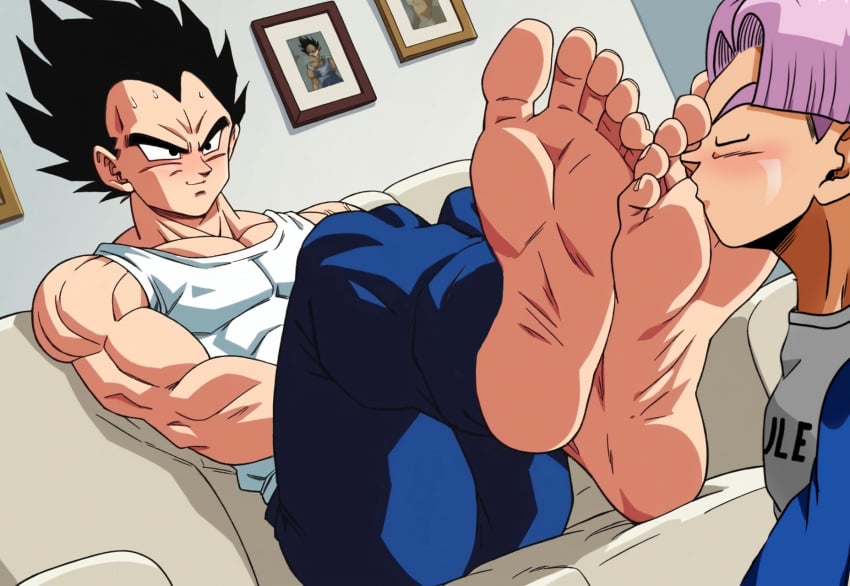 age_difference ai_generated barefoot black_hair dragon_ball father_and_son feet foot_worship gay gay_domination incest indoors kissing_feet living_room male male/male male_feet male_foot_fetish male_only muscular muscular_male purple_hair saiyan toes trunks_briefs vegeta yaoi