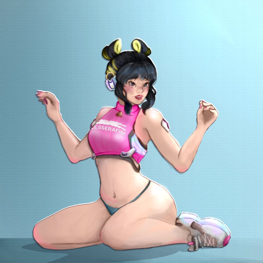 big_thighs bikini bikini_bottom cute fearless_juno juno_(overwatch) le_sserafim overwatch overwatch_2 shy tights