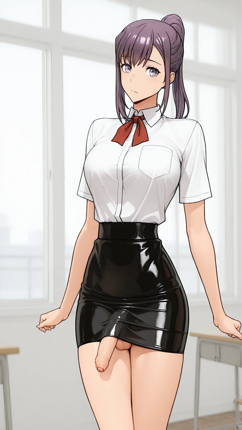 1futa ai_generated balls blazer dickgirl foreskin futa_only futanari intersex pencil_skirt penis penis_under_clothes penis_under_skirt ponytail purple_eyes purple_hair sitting socks solo solo_futa solo_leveling sung_jin-ah testicles tie uncensored uncircumcised uncircumcised_penis veiny_penis white_shirt yuuki_snow