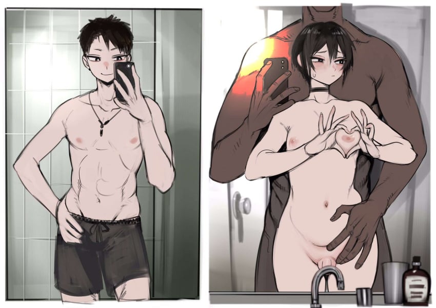 2boys 2koma 2n5 asian asian_male bathroom before_and_after big_dom_small_sub blush blush brat bratty bratty_correction choker cocky completely_nude convenient_censoring dark-skinned_male dark_skin embarrassed femboy feminine_male feminization heart_hands heart_symbol holding humiliation instant_loss instant_loss_2koma light-skinned_male light_skin looking_to_the_side mirror mirror_selfie muscular_male nipples nude penis selfie short_hair shorts sink skinny small_penis smaller_femboy tiny_penis trap yaoi