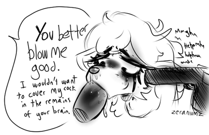 ambiguous_gender anthro armed blowjob blowjob_face crying furry gun gunpoint rape raped tagme tears text what wtf zeraniumz