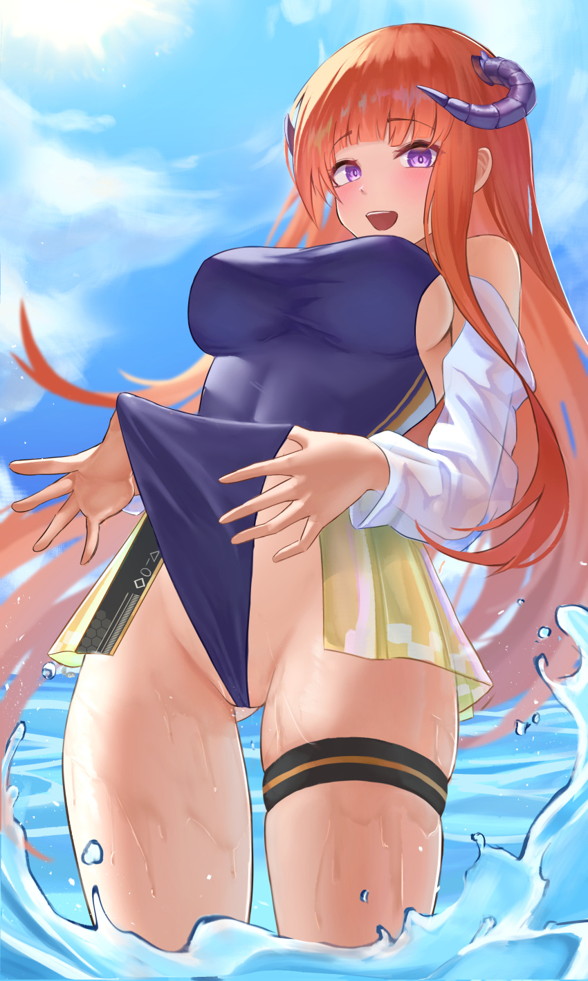 1girls arknights ass_visible_through_thighs bagpipe_(arknights) big_breasts blue_swimsuit blush breasts cameltoe female female_only happy highres horns jixo_(user_nzhc8728) large_breasts legs light-skinned_female long_hair looking_at_viewer ocean one-piece_swimsuit open_mouth open_smile orange_hair outdoors outside purple_eyes smile solo standing swimsuit swimsuit_pull thick_thighs thigh_strap thighs tight_clothing uncensored very_long_hair water