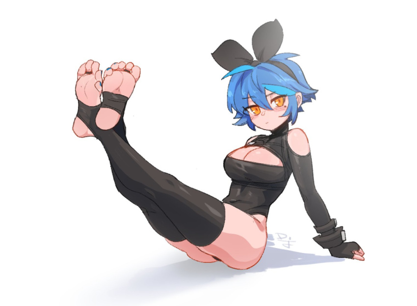 artist_signature bare_shoulders barefoot big_breasts blue_hair blue_toenails blushing breasts difmanm female hairband legs_up looking_at_viewer orange_eyes stirrup_legwear stirrup_thighhighs tagme toeless_legwear