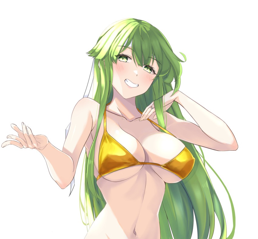 1girls alternate_costume bangs bare_arms bare_shoulders bikini blush breasts chuu_(rinet) collarbone commentary_request female female female_only fire_emblem fire_emblem:_mystery_of_the_emblem fire_emblem:_shadow_dragon_and_the_blade_of_light green_eyes green_hair grin hands_up highres jewelry large_breasts long_hair looking_at_viewer navel nintendo palla_(fire_emblem) reaching_out ring sideboob simple_background smile solo stomach swimsuit underboob upper_body very_long_hair wedding_band wedding_ring white_background yellow_bikini yellow_swimsuit