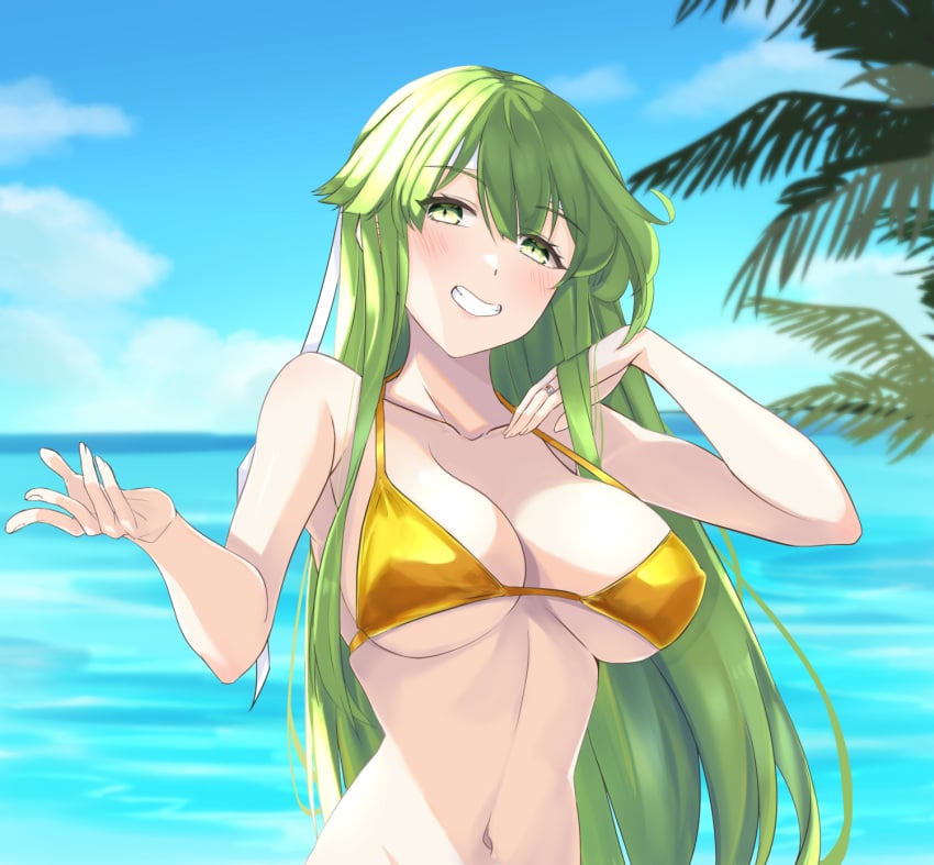 1girls alternate_costume bangs bare_arms bare_shoulders bikini blue_sky blush breasts chuu_(rinet) cloud collarbone commentary_request day female female_only fire_emblem fire_emblem:_mystery_of_the_emblem fire_emblem:_shadow_dragon_and_the_blade_of_light green_eyes green_hair grin hands_up highres jewelry large_breasts long_hair looking_at_viewer navel nintendo ocean outdoors palla_(fire_emblem) reaching_out ring sideboob simple_background sky smile solo stomach swimsuit underboob upper_body very_long_hair water wedding_band wedding_ring yellow_bikini yellow_swimsuit