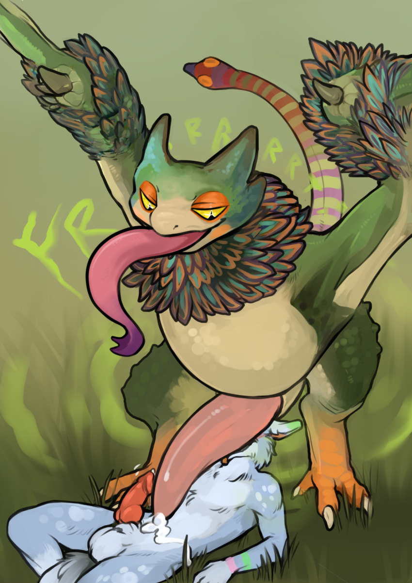 anthro big_penis bird_wyvern blush bodily_fluids canid canine canis capcom duo fart fart_fetish genital_fluids genitals hi_res iynize lying male male/male mammal monster_hunter monster_hunter_world on_back penis penis_on_face precum pukei-pukei source_request throbbing tongue tongue_out torakuta video_games wolf year_request