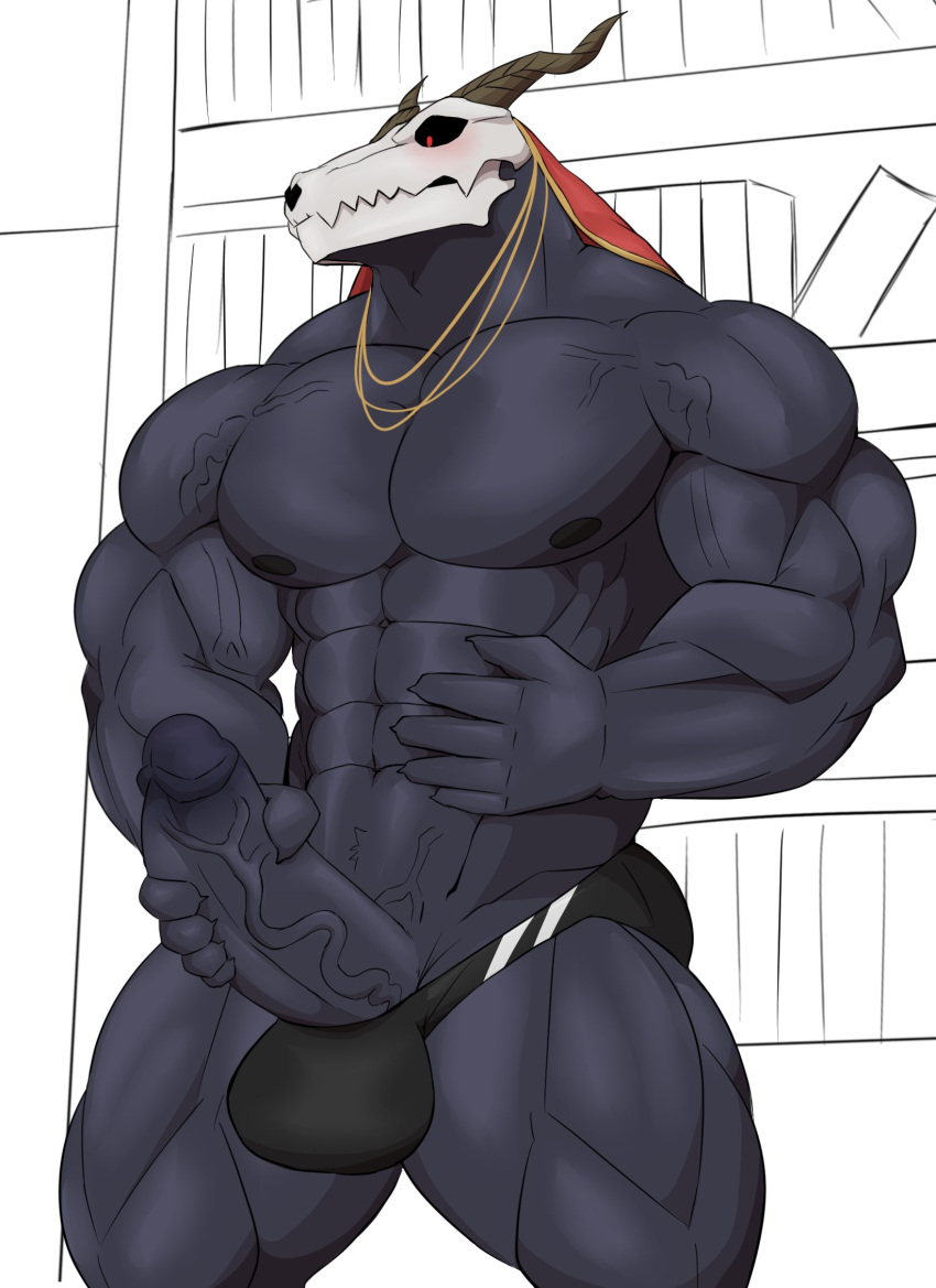 2022 abs anatake anthro balls barazoku biceps big_muscles big_penis blush blush_lines bone clothing demon digital_media_(artwork) elias_ainsworth erection genitals hi_res horn humanoid humanoid_genitalia humanoid_penis male male_only mammal masturbation monster muscular muscular_anthro muscular_male nipples nude pecs penis serratus simple_background skull skull_head solo standing the_ancient_magus_bride thong triceps underwear vein veiny_muscles veiny_penis