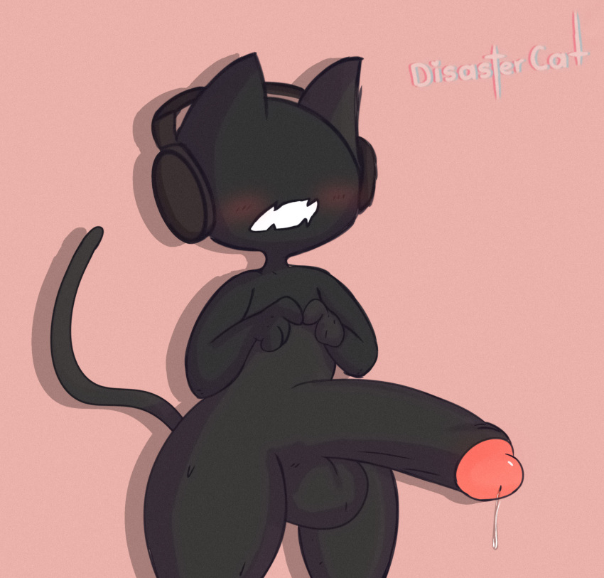 absurd_res anthro balls big_balls big_penis black_body blush blush_lines bodily_fluids disastercat domestic_cat erection eyeless felid feline felis fingers_together genital_fluids genitals headphones hi_res huge_balls huge_cock humanoid hyper hyper_genitalia hyper_penis male mammal monstercat monstercat_media nude open_mouth penis precum simple_background solo wide_hips