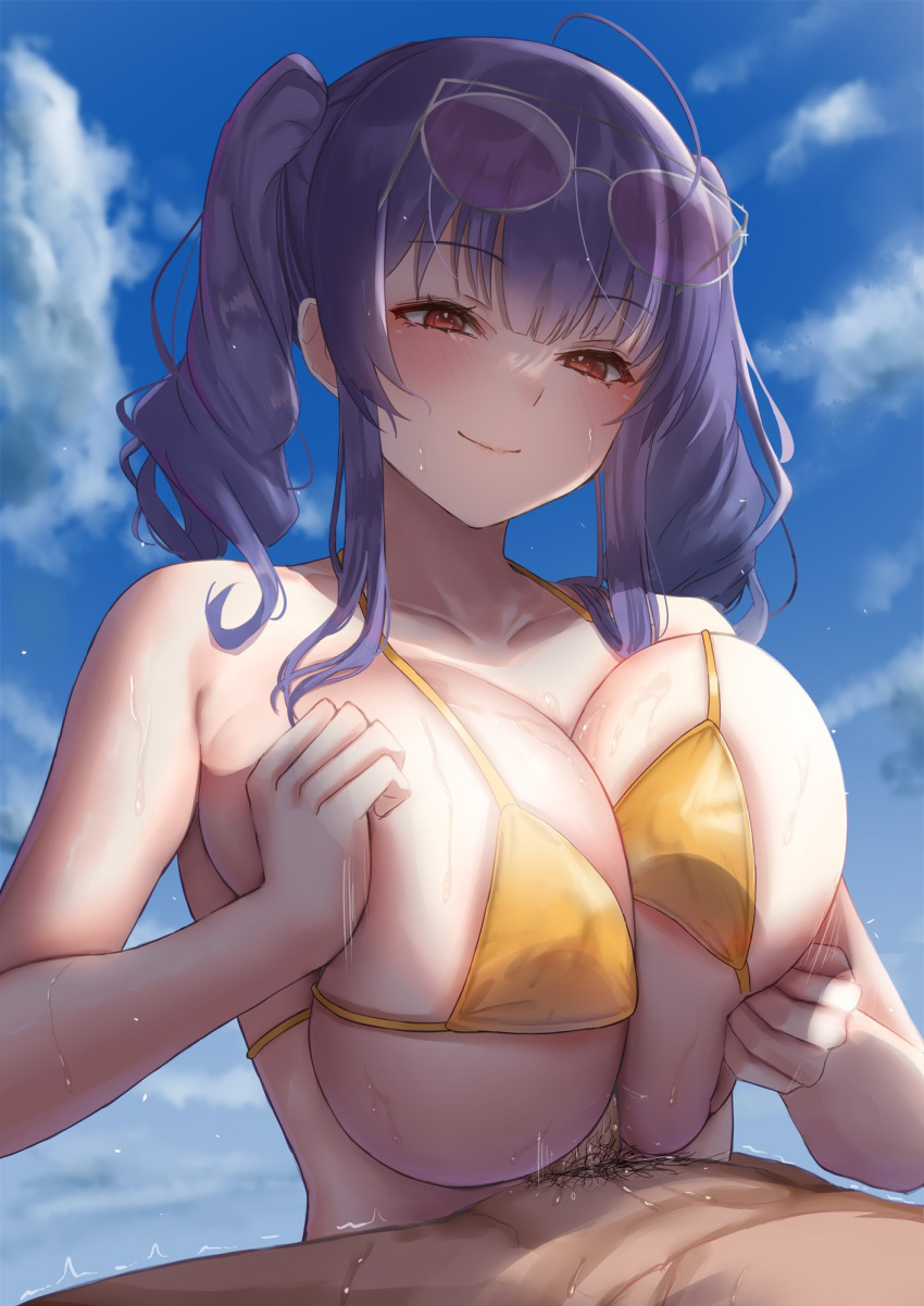 1boy ahoge areola_slip azur_lane bangs bare_arms bare_shoulders bikini blue_sky blush breast_squeeze breasts closed_mouth cloud collarbone day eyewear_on_head female highres huge_breasts long_hair male_pubic_hair micro_bikini motion_lines official_alternate_costume outdoors paizuri paizuri_over_clothes parasol penis pola_(azur_lane) pola_(seaside_coincidence)_(azur_lane) pubic_hair purple_hair red_eyes satou_aji sidelocks sky smile solo_focus straight sunglasses sweat swimsuit twintails umbrella yellow_bikini