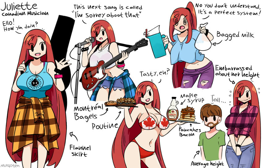 1girls big_breasts bottomwear breasts brown_hair canada canadian canadian_flag casual clothing electric_guitar english_text female guitar human juliette_(murgoten) long_hair maple_leaf mob_face murgoten musical_instrument original original_character pale_skin red_hair swimsuit swimwear tagme taller_girl topwear wristwear