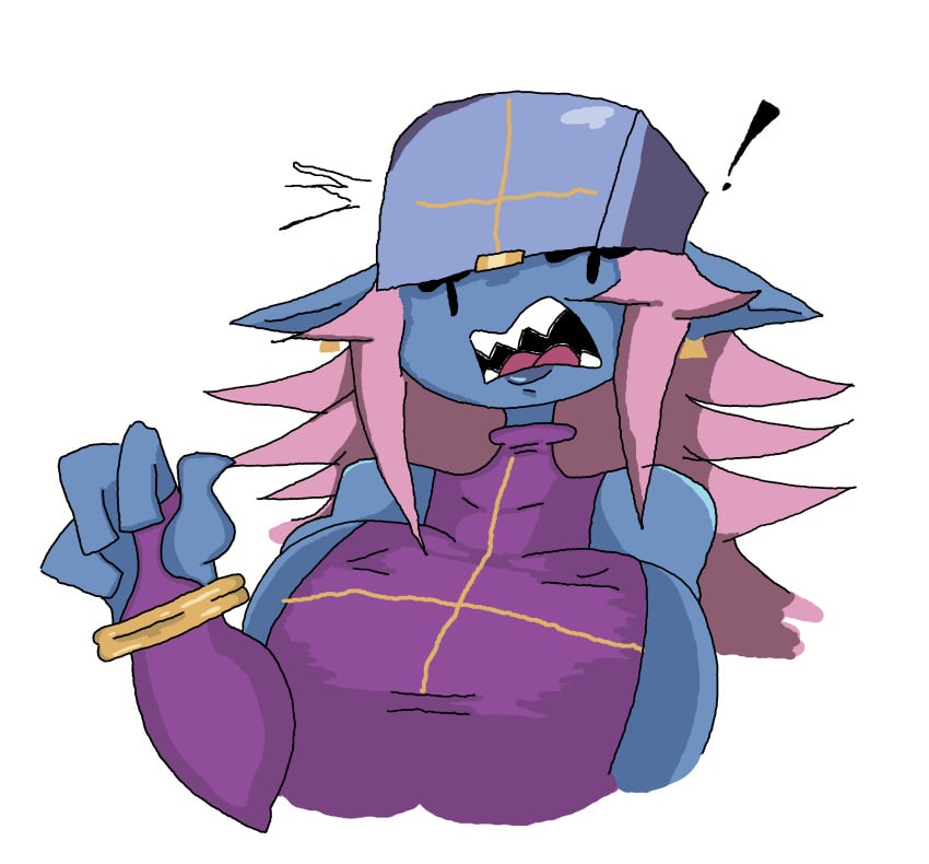 blue_skin demise_(goldenlitten) female goblin goblin_female helmet helmet_over_eyes lips original_character purple_clothing safres_0 sharp_teeth surprised_expression