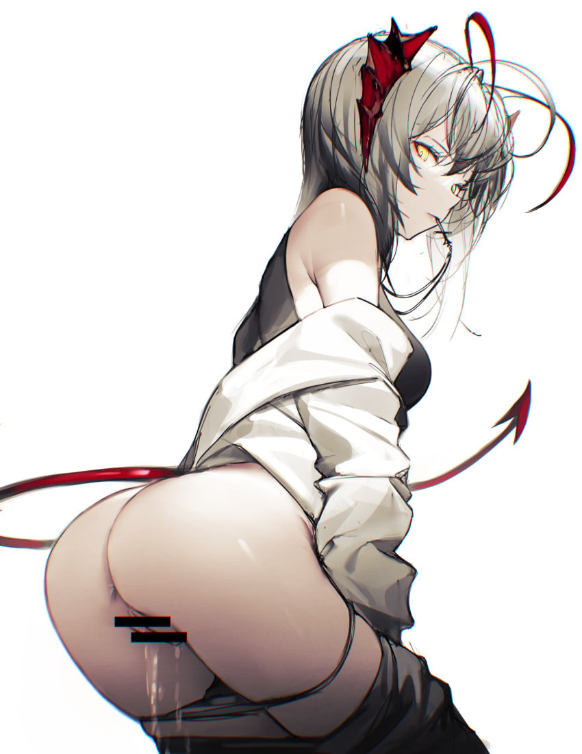 alternate_costume antenna_hair anus arknights ass bar_censor bare_shoulders black_panties black_pants black_shirt breasts censored closed_mouth clothes_pull cross cross_necklace demon_girl demon_horns demon_tail female from_behind grey_hair highres horns iumu jacket jewelry leaning_forward long_sleeves looking_at_viewer looking_back medium_breasts mouth_hold multicolored_hair necklace open_clothes open_jacket panties pants pants_pull panty_pull pussy_juice red_hair shirt short_hair smile solo tail two-tone_hair underwear w_(arknights) white_jacket yellow_eyes