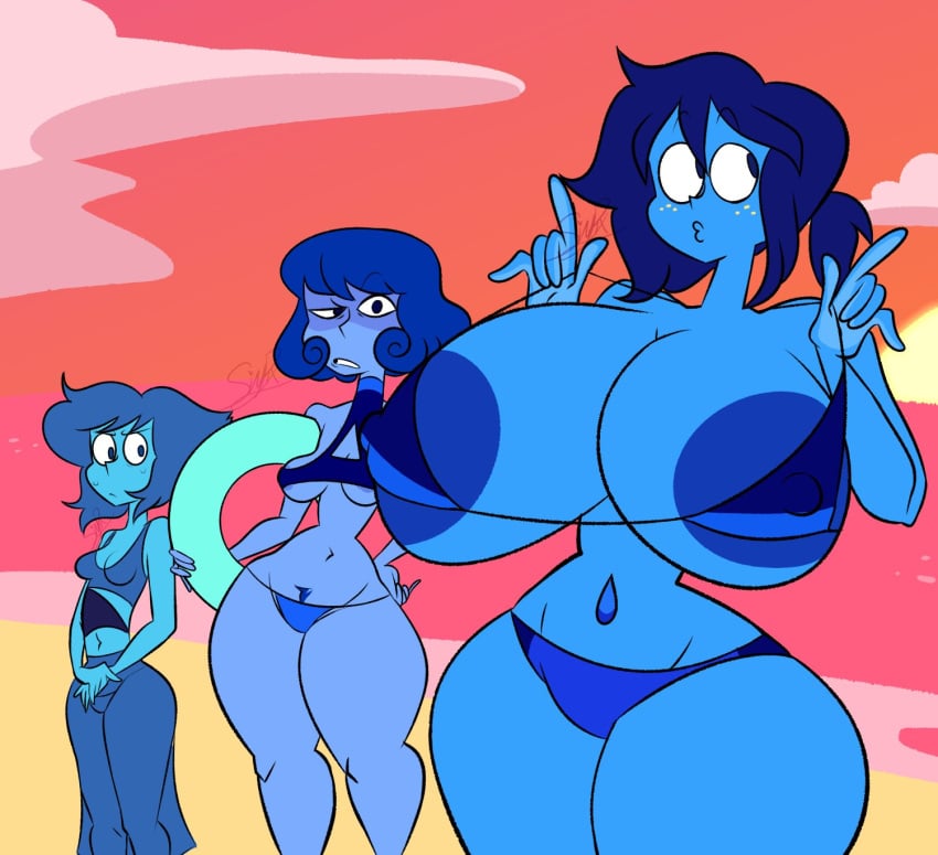 3girls alien alien_girl areolae big_breasts bikini blue_body blue_eyes blue_hair blue_skin breast_size_difference breasts breasts_bigger_than_head cartoon_network cleavage clothed clothing female female_only floater freckles freckles_on_face gem_(species) hourglass_figure huge_breasts humanoid hyper hyper_breasts lapis_lazuli_(gem) lapis_lazuli_(steven_universe) mean_lapis medium_breasts midriff mostly_nude multiple_girls nice_lapis pixelzsinful pubic_hair skimpy slim_waist standing steven_universe sweat thick_thighs thin_waist underboob voluptuous wide_hips