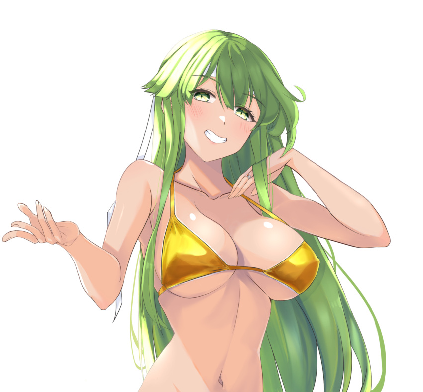 1girls alternate_costume bangs bare_arms bare_shoulders bikini blush breasts chuu_(rinet) collarbone commentary_request female female_only fire_emblem fire_emblem:_mystery_of_the_emblem fire_emblem:_shadow_dragon_and_the_blade_of_light green_eyes green_hair grin hands_up highres jewelry large_breasts long_hair looking_at_viewer navel nintendo palla_(fire_emblem) reaching_out ring sideboob simple_background smile solo stomach swimsuit tan underboob upper_body very_long_hair wedding_band wedding_ring white_background yellow_bikini yellow_swimsuit