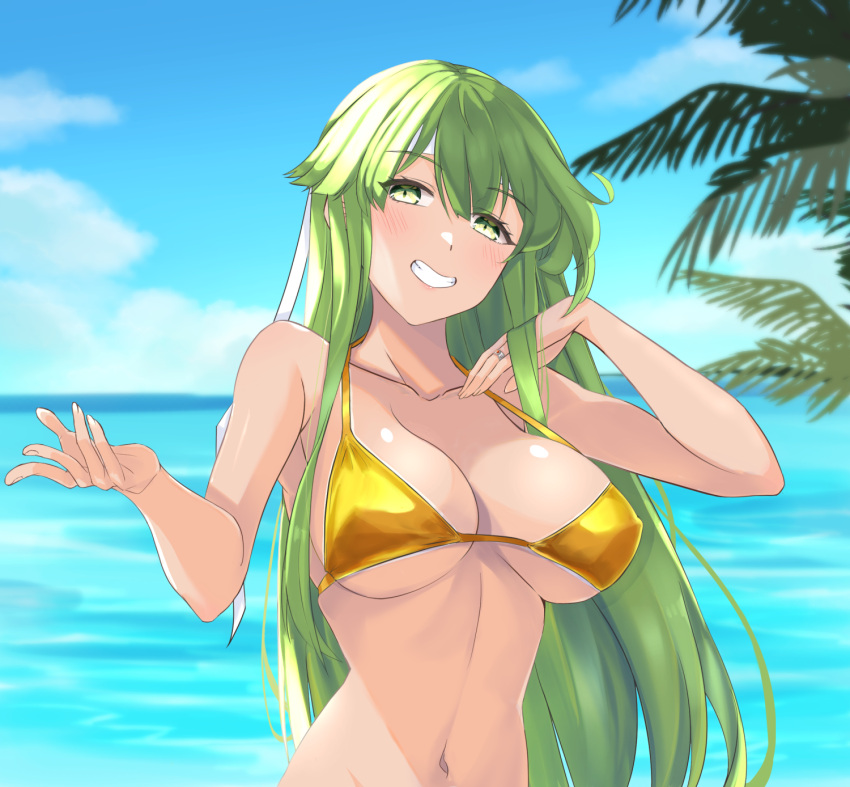 1girls alternate_costume bangs bare_arms bare_shoulders bikini blue_sky blush breasts chuu_(rinet) cloud collarbone commentary_request day female female_only fire_emblem fire_emblem:_mystery_of_the_emblem fire_emblem:_shadow_dragon_and_the_blade_of_light green_eyes green_hair grin hands_up highres jewelry large_breasts long_hair looking_at_viewer navel nintendo ocean outdoors palla_(fire_emblem) reaching_out ring sideboob simple_background sky smile solo stomach swimsuit tan underboob upper_body very_long_hair water wedding_band wedding_ring yellow_bikini yellow_swimsuit