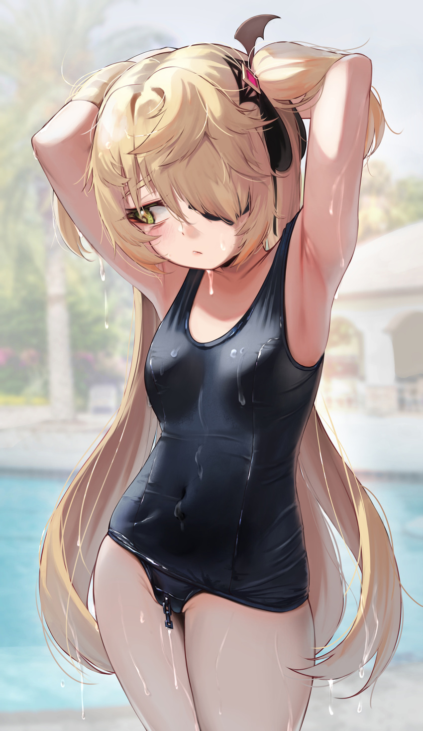 1girls 2022 armpits arms_behind_head arms_up blonde_hair blush breasts embarrassed eyepatch female female_only fischl_(genshin_impact) genshin_impact green_eyes hair_over_one_eye long_hair one-piece_swimsuit petite slim_body small_breasts swimsuit torriet wet wet_body