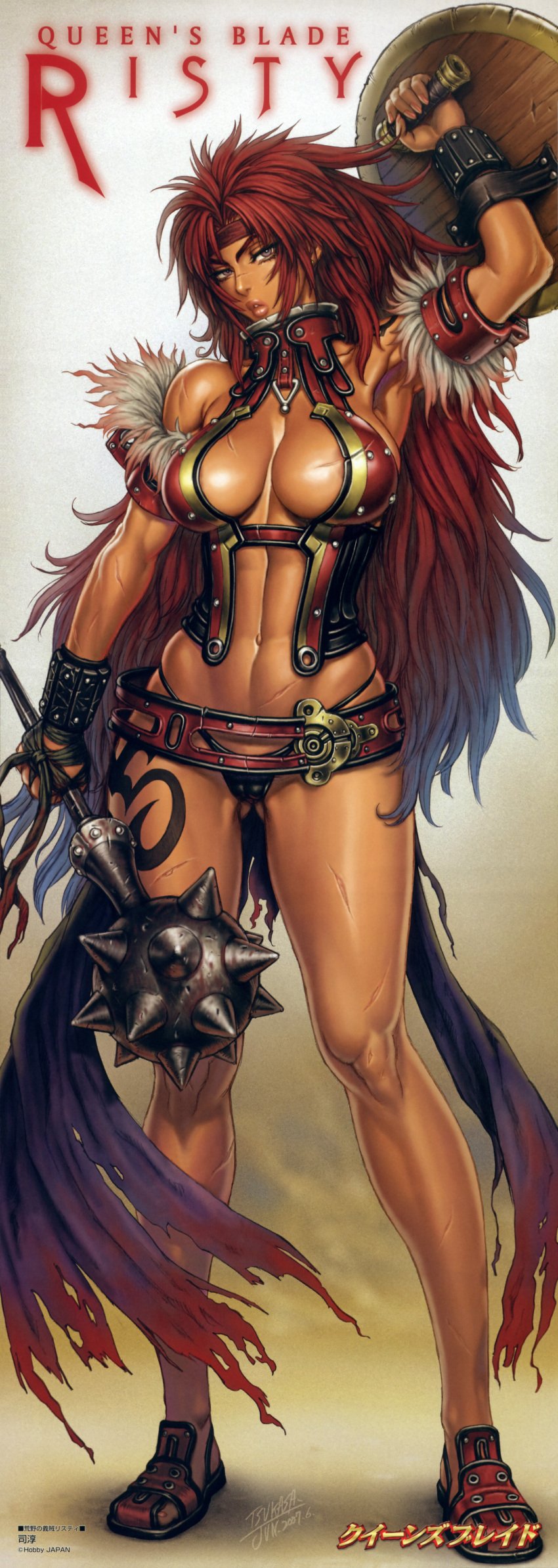 armor large_breasts long_hair mace queen's_blade red_hair risty shield tsukasa_jun