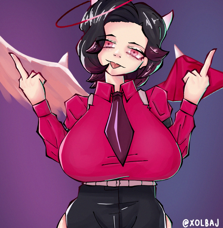 1girls 2022 angel angel_wings artist_signature aureola big_breasts black_hair black_strawberry_14 demon demon_horns formal_wear fully_clothed halo horns huge_breasts looking_at_viewer middle_finger motoanexo pale_skin pink_eyes red_eyes red_halo tongue_out wide_hips xolbaj youtube youtube_hispanic youtuber youtuber_girl