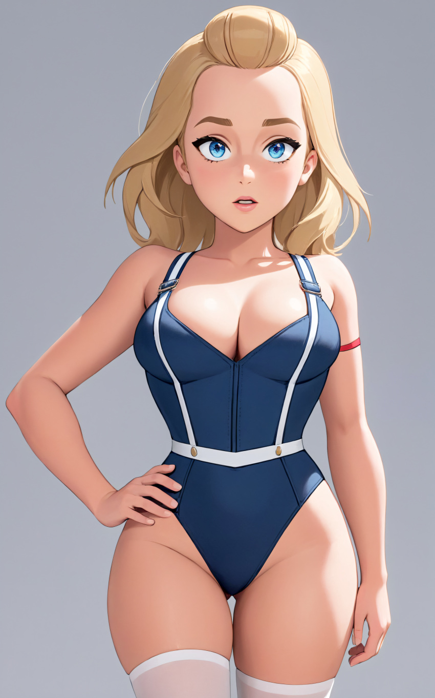 1girls 2020s 2023 absurd_res adora ai_generated blonde_female blonde_hair blue_eyes blue_one-piece_swimsuit blue_swimsuit breasts cathrynedelamort cleavage female female_only grey_background hand_on_hip hourglass_figure large_breasts light-skinned_female light_skin lipstick long_hair looking_at_viewer makeup one-piece_swimsuit open_mouth pink_lips pink_lipstick she-ra_and_the_princesses_of_power simple_background solo swimsuit thick_thighs thighhighs thin_waist white_thighhighs wide_hips