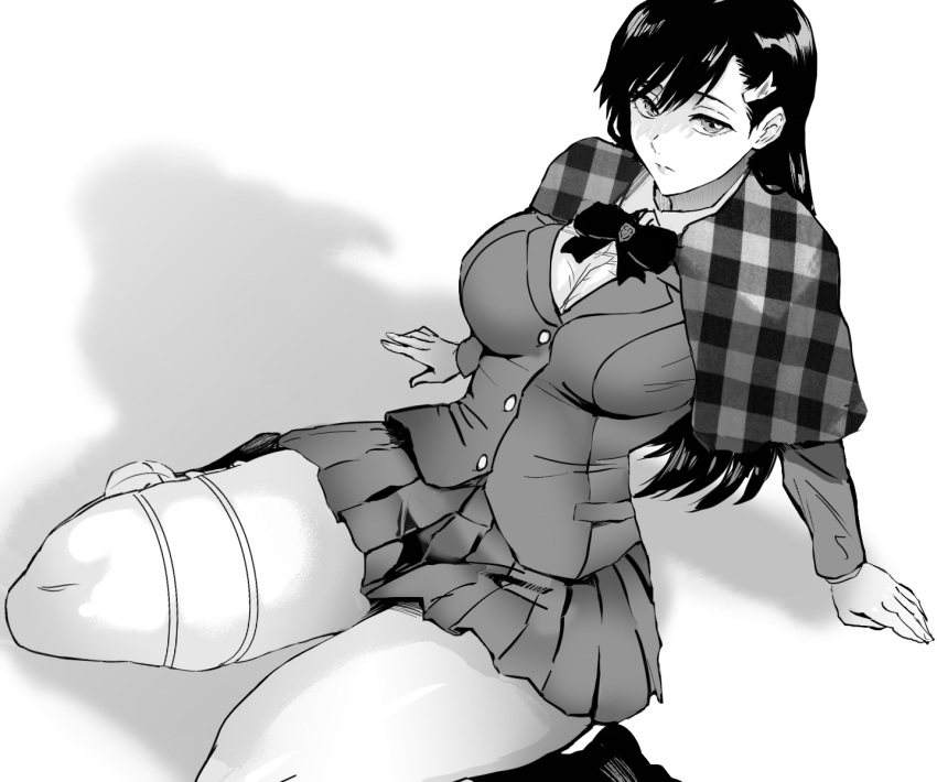 1girls big_breasts black_and_white black_hair bleach bow breasts burn_the_witch clothed clothing daraz18aka female female_focus female_only hands_behind_back hands_on_floor kneeling light-skinned_female light_skin long_hair looking_at_viewer monochrome noel_niihashi school_uniform schoolgirl shadow tagme thick_thighs thigh_strap wide_hips