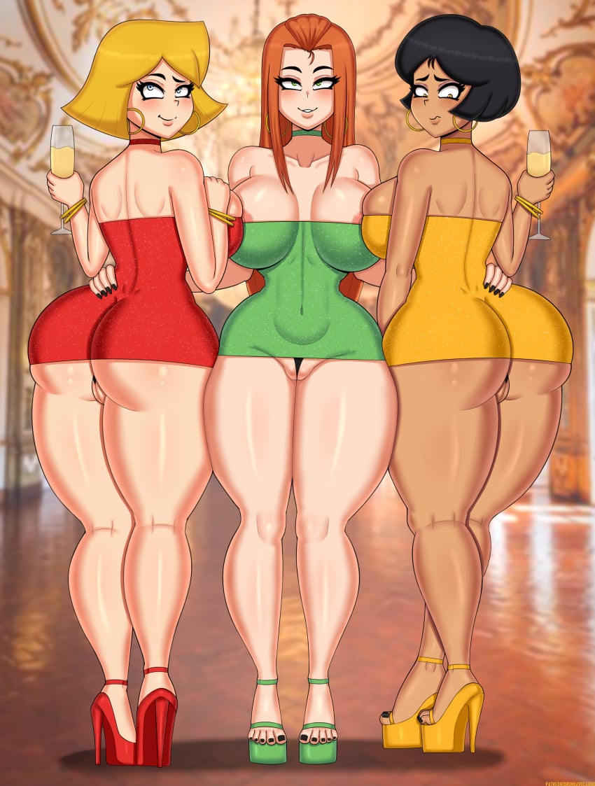 2022 3girls alex_(totally_spies) areola areola_slip areolae ass bare_shoulders big_ass big_breasts big_butt bimbo black_hair blonde_hair blue_eyes blush bracelet breasts bubble_ass bubble_butt choker cleavage clothed clothing clover_(totally_spies) dark-skinned_female dark_skin dress drunkavocado ear_piercing earrings female female_only green_dress green_eyes hand_on_breast hand_on_hip hazel_eyes high_heels hoop_earrings human large_ass large_breasts long_hair looking_at_viewer looking_back minidress multiple_girls navel nipple_slip nipples orange_hair pale_skin panties partially_visible_vulva presenting pussy pussy_peek red_dress red_hair redhead sam_(totally_spies) short_dress short_hair skimpy skimpy_clothes skimpy_dress smile thick_thighs thong thunder_thighs totally_spies trio voluptuous wide_hips wine wine_glass yellow_dress yellow_eyes